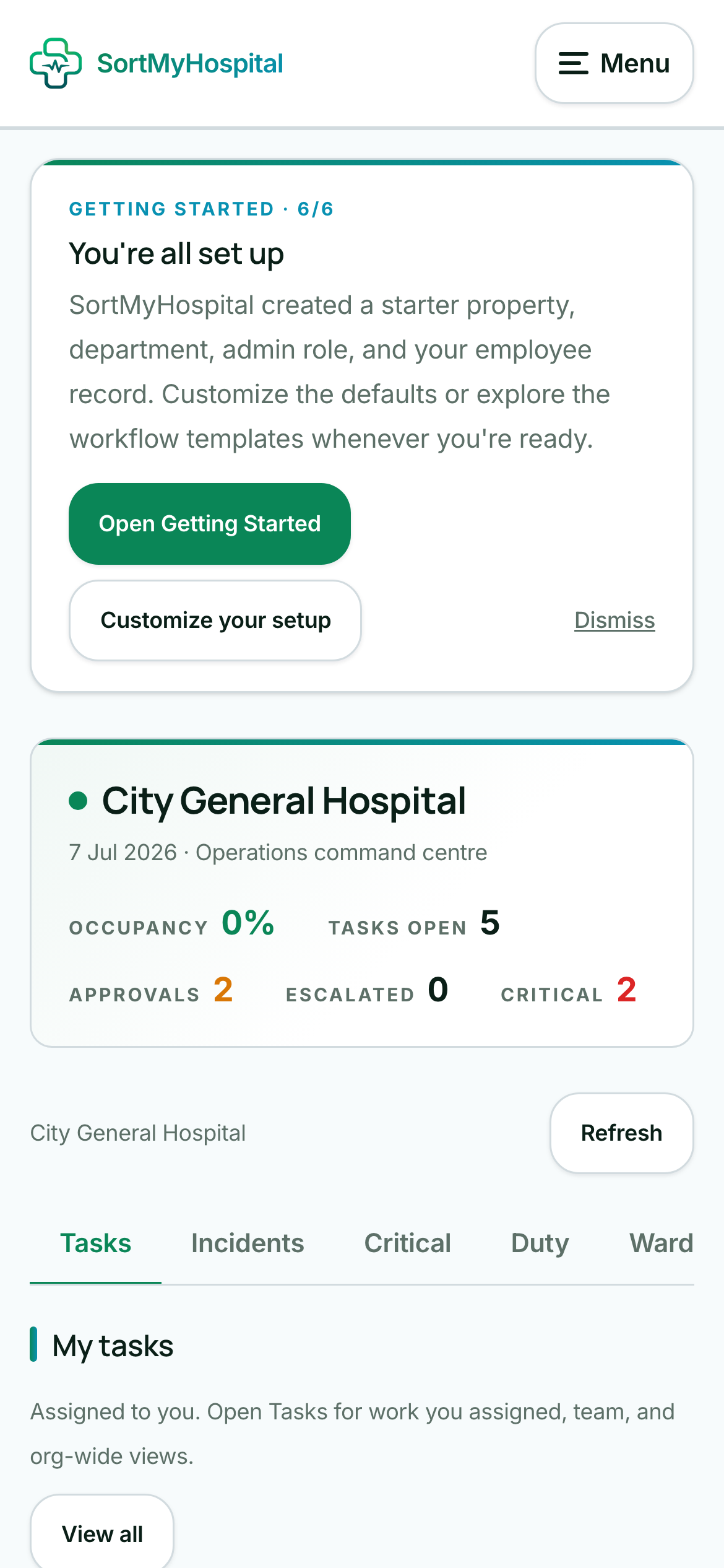 The real SortMyHospital dashboard on a phone