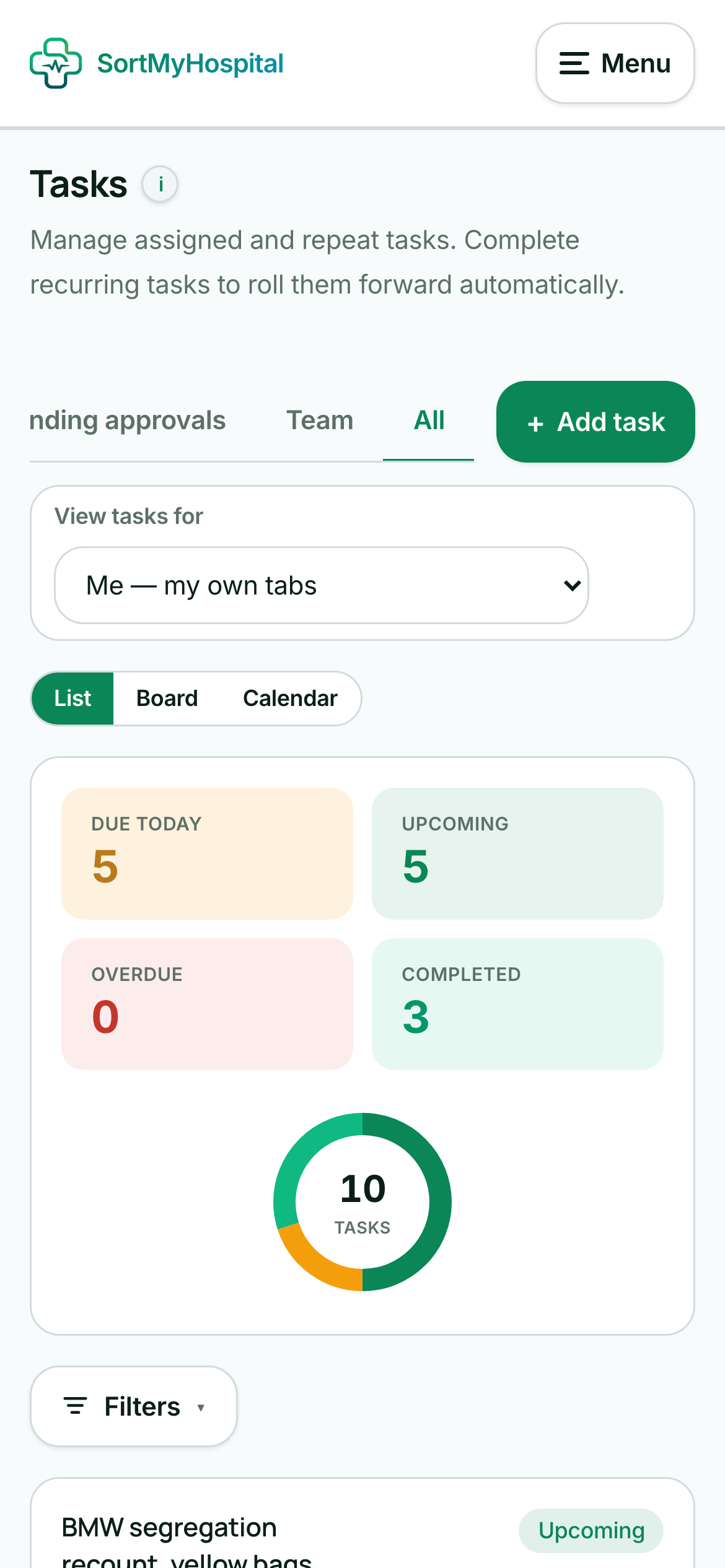 The real SortMyHospital task list on a phone
